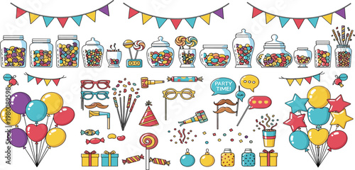 Set of Colorful Party Decorations and Sweet Treats Featuring Balloons, Candy Jars, Party Hats, and Confetti