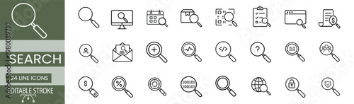 Search and inspection line icons set featuring financial audit security protection data analysis health monitoring and global discovery vector illustration with editable stroke.