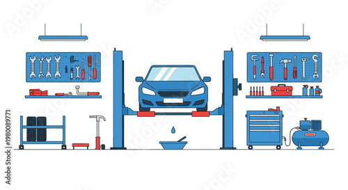 Professional car repair shop scene featuring a blue vehicle on a lift surrounded by wall-mounted tools and an air compressor on a clean white background.
