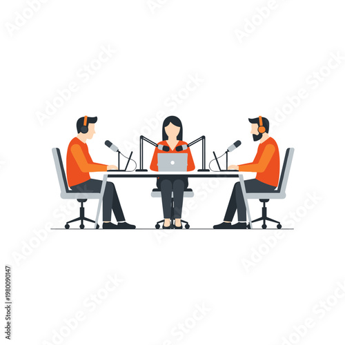 Three people engaged in a podcast recording session with microphones and laptops