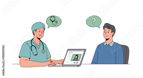 Flat-style vector artwork showing a medical worker conducting an online consultation with a patient, in a simple design with a white background.