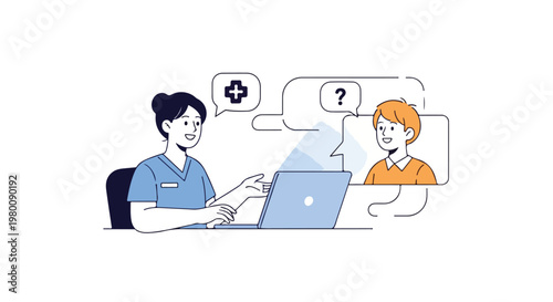 Flat vector design illustrating a health worker engaging in a virtual consultation with a patient, with a clean, minimal look and white background.