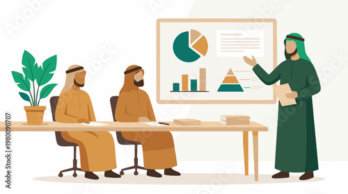 Middle Eastern Businessmen Giving Presentation with Charts and Graphs in Meeting