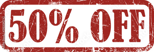 Red grunge rubber stamp impression with 50 percent off text on a white background