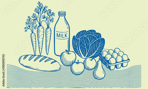 Healthy food assortment with bread milk vegetables sketch vegetables nutrition