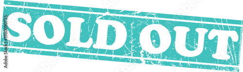 Sold out text in white bold letters on a distressed teal rectangular stamp background