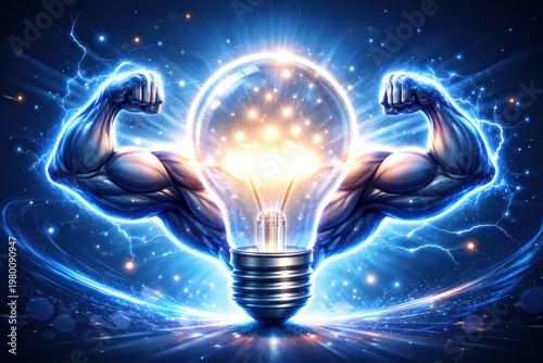 The power of electrical energy and future innovation featuring bright light bulbs with breakthrough energy-saving bodybuilding poses