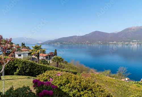 Wallpaper Mural Panoramic view of Lake Maggiore from the hills of Porto Valtravaglia, Province of Varese, Lombardy, Italy. Scenic northern Italian landscape featuring lake waters, surrounding mountains. Torontodigital.ca