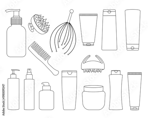 Vector illustration of a set of cosmetics for head, hair, body and skincare products. Beauty salon and home care concept.