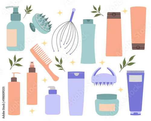 Vector illustration of a set of cosmetics for head, hair, body and skincare products. Beauty salon and home care concept.
