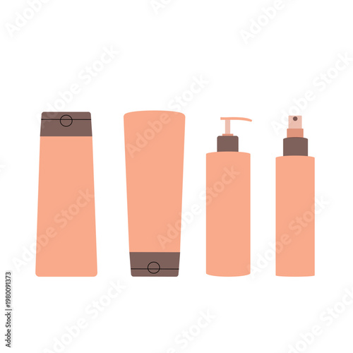 Vector illustration of a set of cosmetics for head, hair, body and skincare products. Beauty salon and home care concept.