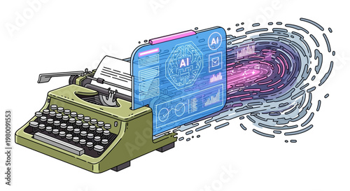 Vintage typewriter blending with holographic ai interface.