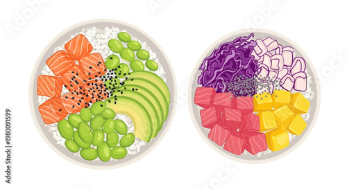 Colorful twin poke bowls with fresh toppings.