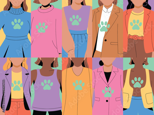 Diverse group of women wearing paw print shirts supporting animal causes illustration abstract clothing colorful community empowerment