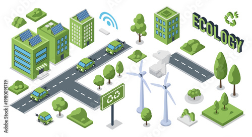 Isometric eco city with electric vehicles wind turbines and solar charging.