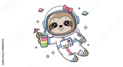 Cute sloth astronaut in spacesuit holding drink.