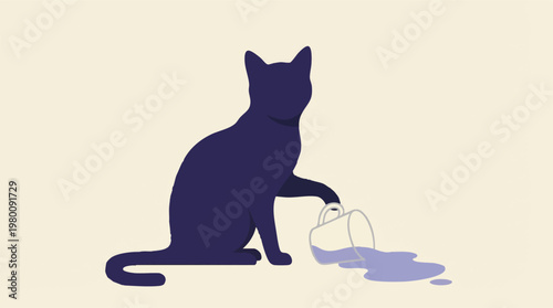 Minimalist illustration of a dark blue cat spilling purple liquid from a mug