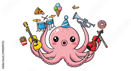 Cute cartoon octopus wearing party hat juggling instruments.