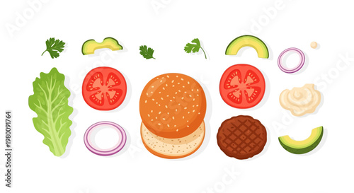 Deconstructed burger ingredients vector set illustration.