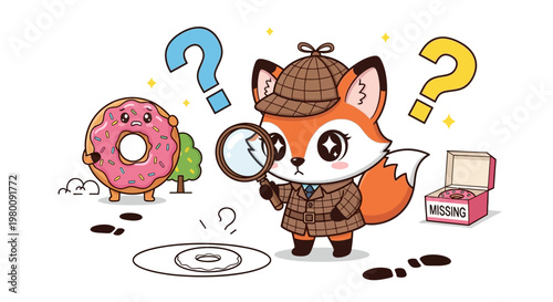 Cute chibi fox detective with magnifying glass.