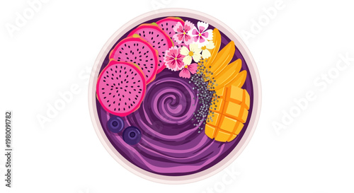 Vibrant purple smoothie bowl with dragonfruit mango and blueberries.