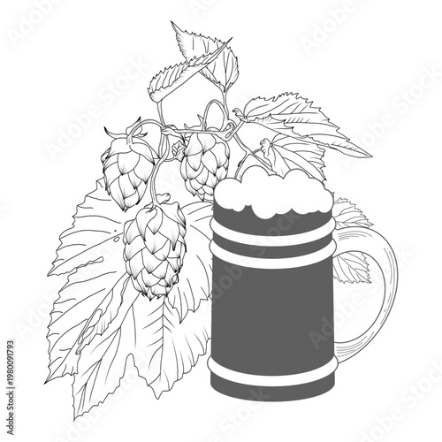 Monochrome llustration of hop branch with cones and leaves, paired with a glass of beer. Botanical line art perfect for craft beer design, brewery branding, packaging, vintage botanical compositions.