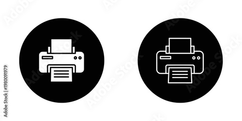 Two printer icons, solid and outline, on black circular backgrounds, vector illustration