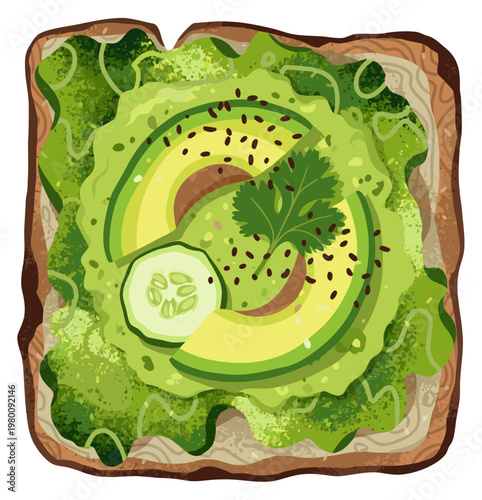Healthy avocado toast with greens top view illustration