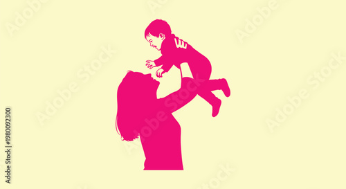 Beautiful minimalist pink silhouette of a mother lifting a happy baby against yellow background.