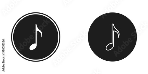Two black circles with white music notes, one solid and one outline vector illustration