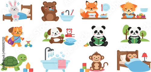 Cute Animal Daily Routine Illustration Set Featuring Eating Sleeping Reading Bathing Morning Activities Cartoon Collection