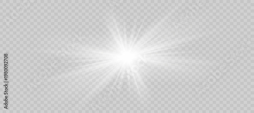 White sparkle light effect isolated on transparent background. Glowing silver white light. Shining star, light spark with rays. Light sparkle bling effect. Light PNG. Flare light, lens flare