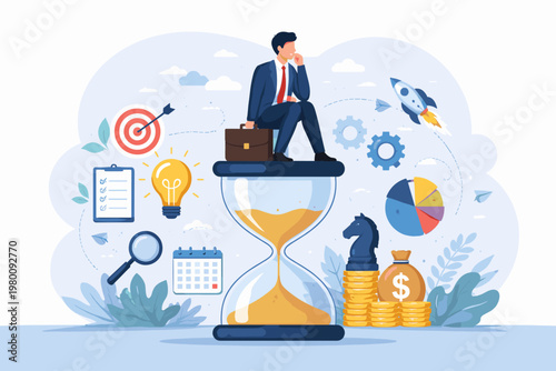 Businessman Sitting on Hourglass Thinking of Creative Solutions, Strategic Planning, Time Management, and Decision Making for Financial Growth and Success, Flat Vector Concept Illustration.