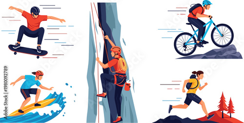 Adventure Sports Icon Set Featuring Skateboarding, Surfing, Climbing, Cycling, and Running for Active Lifestyle Designs