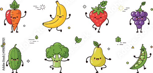 Cute Fruit and Vegetable Character Set Featuring Dancing Carrot, Banana, Strawberry, Grape, and More for Fun and Healthy Designs