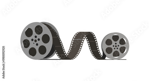 Two metallic grey film reels connected by a long strip of celluloid film displayed on a plain light grey background with soft shadows and smooth textures.
