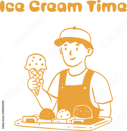Ice cream vendor holding cone behind counter with assorted scoops in simple line illustration on white background perfect for shop branding, menu design