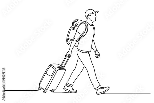 Continuous line drawing of a male traveler walking with a backpack and pulling a rolling suitcase behind him. Minimalist vector illustration of a man on a journey, vacation, or business trip.
