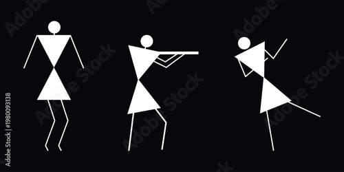 Warli tribal musicians and dancer illustration on black background, traditional ethnic folk art with geometric human figures, minimalist cultural heritage design