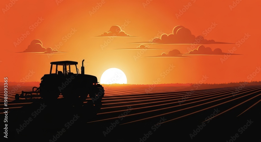 Obraz premium A silhouette of a tractor plowing a field is set against a dramatic, fiery orange sunset with scattered clouds.