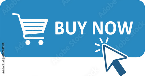 E-commerce interface button with shopping cart icon and mouse cursor clicking buy now text for online marketplace sales.