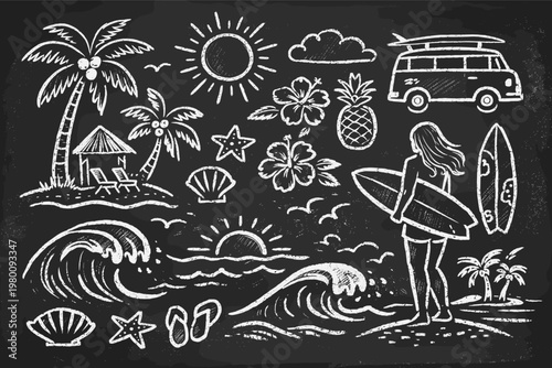 Hand Drawn Chalk Doodle Beach and Surf Illustration Set with Tropical Hawaii Coastal Elements, Palm Trees, Ocean Waves, Sun, Hibiscus Flowers, Pineapple, Camper Van, and Woman Surfer on Blackboard.