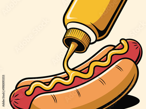 Hot dog with mustard being squeezed from a bottle fast food street food squeeze bottle condiment delicious appetizer preparation refreshing