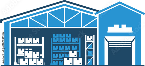 Illustration of a large warehouse interior with shelves full of boxes, symbolizing storage, inventory management and distribution center operations.