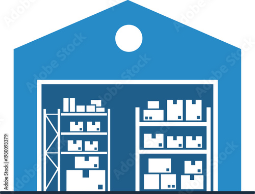 Industrial warehouse storage facility with shelving units filled with various sized cardboard boxes and package logistics.