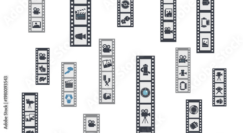 Multiple vertical strips of film negatives featuring diverse cinema-related icons scattered on a clean white background with a flat and minimalist aesthetic.