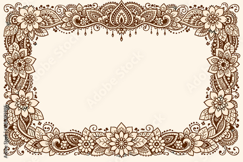 Intricate Henna Mehndi Style Floral Frame Vector, Decorative Eastern Tradition Border with Ethnic Indian and Arabic Patterns for Wedding Invitations, Greeting Cards, and Bohemian Backgrounds.