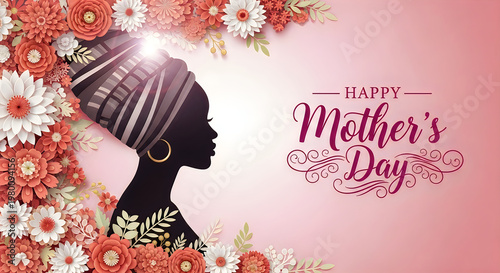 African woman in knitted hat celebrating happy mother's day with floral background and warm sunlight