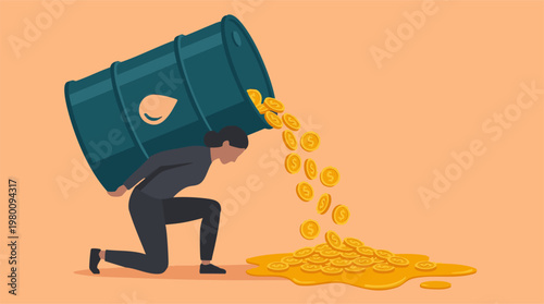 Heavy burden of oil barrel spilling money, symbolizing energy cost