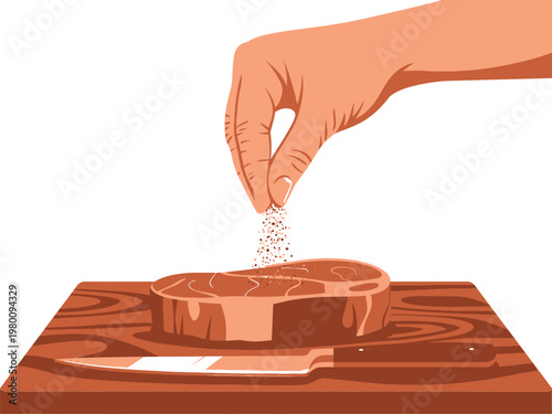 Hand sprinkling salt on a raw steak with red meat seasoning sprinkling preparation butchery barbecue ingredient culinary